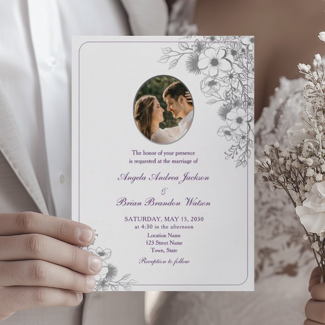 Convite Foto de Casamento Floral Roxo (Criador carregado)