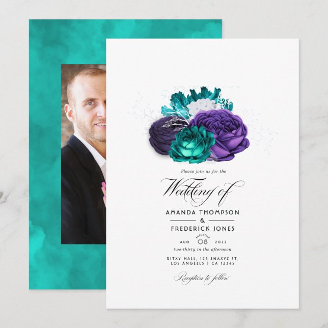 Convite Foto de casamento floral roxo rústico e turquesa (Frente/Verso)
