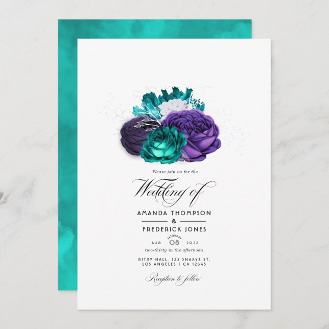 Convite Foto de Casamento Floral Rustic Violet and Turquoi (Frente/Verso)