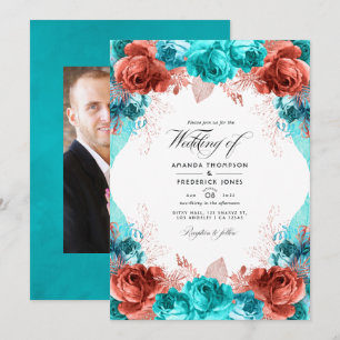 Convite Foto de casamento floral rústica em turquesa e cor