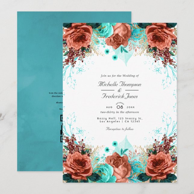 Convite Foto de casamento floral rústica em turquesa e cor (Frente/Verso)