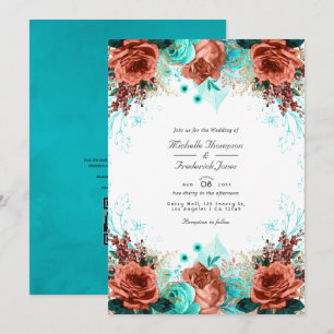 Convite Foto de casamento floral rústica em turquesa e cor