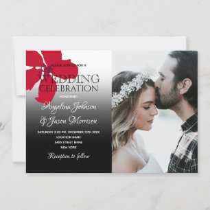 Convite Foto de casamento floral rústica em vermelho, pret