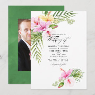 Convite Foto de casamento floral tropical aquarela