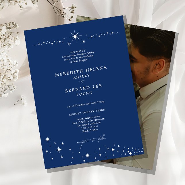 Convite Foto de casamento Formal Celestial Elegante Azul M (Criador carregado)