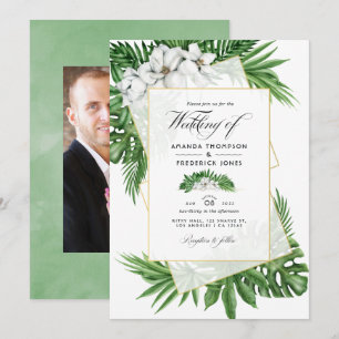 Convite Foto de casamento geométrica de magnólia tropical