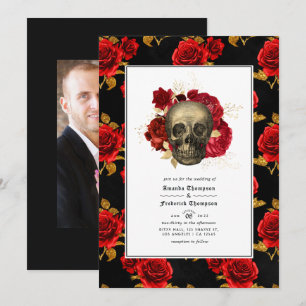 Convite Foto de casamento gótico com crânio floral