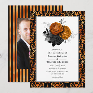 Convite Foto de casamento gótico floral preto e laranja