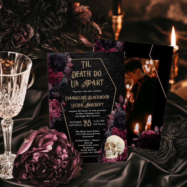 Convite Foto de casamento gótico 'Ouro Até que a Morte Nos (Gold Til Death Do Us Part Gothic Wedding Photo Invitation)