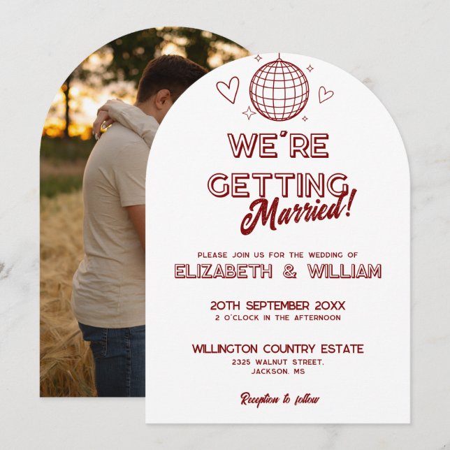 Convite Foto de casamento groovy disco retrô vermelho mode (Frente/Verso)