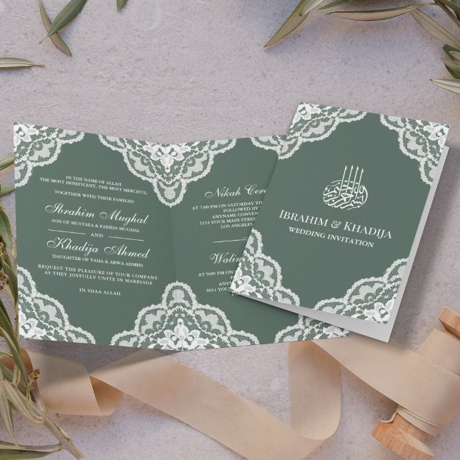 Convite Foto de casamento islâmico verde com renda branca  (Criador carregado)