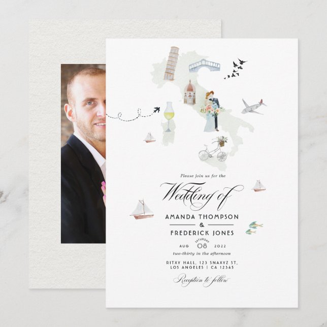 Convite Foto de casamento italiano com aquarela (Frente/Verso)