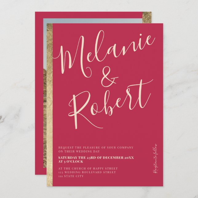 Convite Foto de casamento magenta rosa-rosa com banda dour (Frente/Verso)