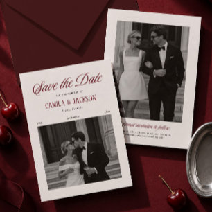 Convite Foto de Casamento Marfim e Borgonha para Save the