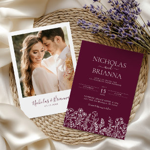 Convite Foto de casamento minimalista com flores silvestre