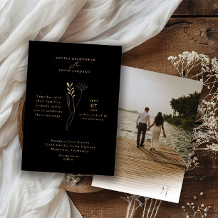 Convite Foto de Casamento Minimalista Dourado Elegante