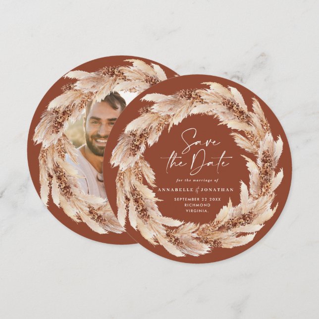 Convite Foto de casamento moderna boho terracota com grama (Frente/Verso)