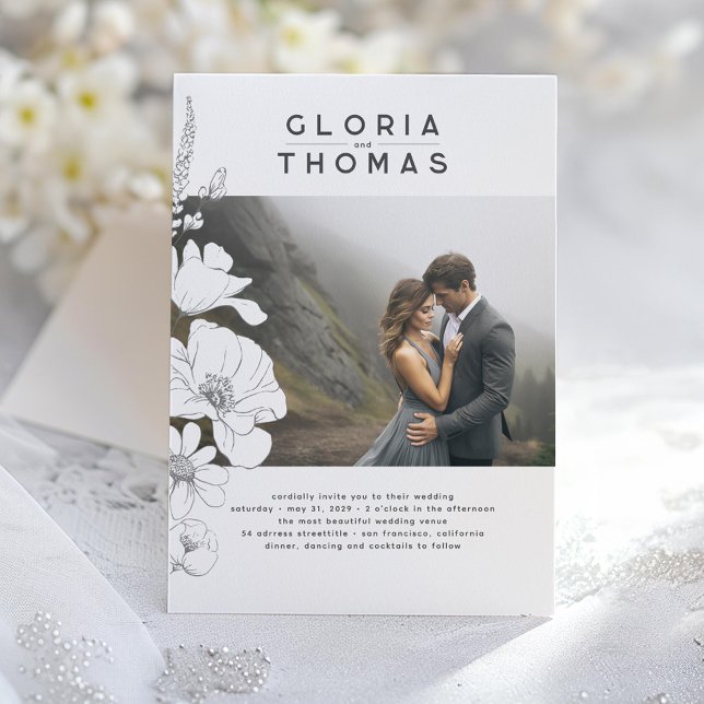 Convite Foto de Casamento Moderno Elegante de Flores Selva (Wildflowers Wedding Photo Invitation)