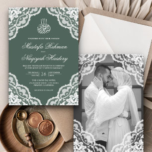 Convite Foto de casamento muçulmano verde com renda branca