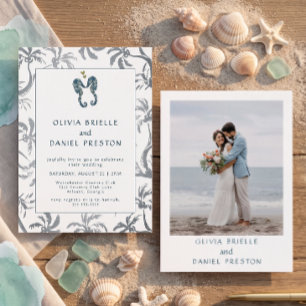 Convite Foto de casamento na praia com cavalo-marinho azul