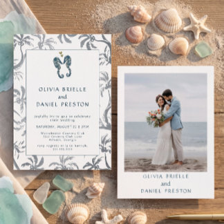 Convite Foto de casamento na praia com cavalo-marinho azul