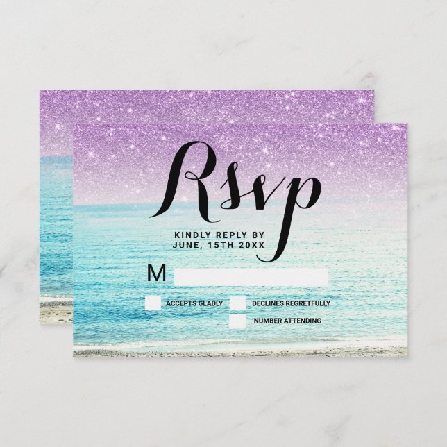 Convite foto de casamento na praia com purpurina roxa RSVP (Frente/Verso)
