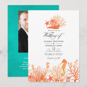 Convite Foto de Casamento na Praia com Turquesa e Coral