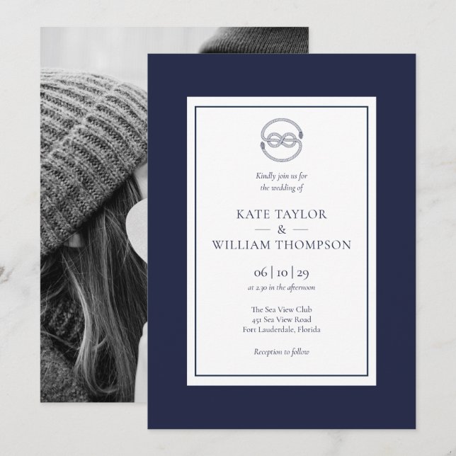 Convite Foto de casamento Navy Blue e Branco com Nó Náutic (Frente/Verso)
