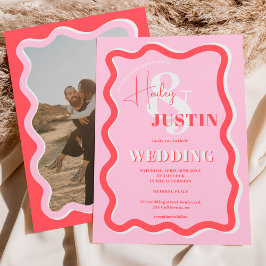 Convite Foto de casamento ondulada com curva vermelha-rosa