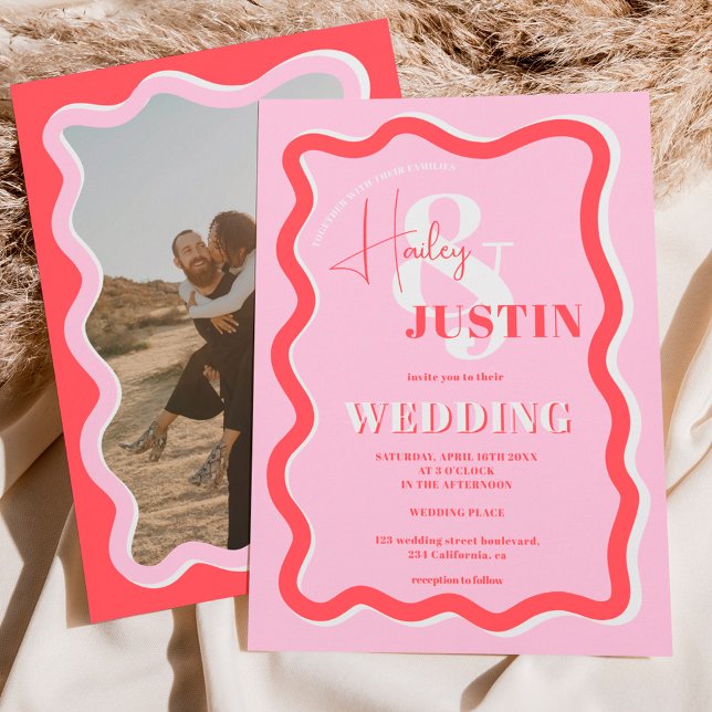 Convite Foto de casamento ondulada com curva vermelha-rosa (Criador carregado)