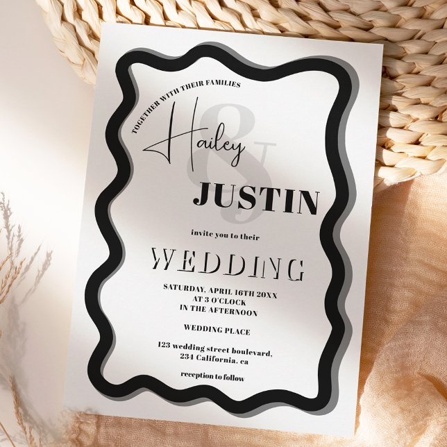 Convite foto de casamento ondulada preta e branca (black white curve squiggle wavy wedding photo invitation)