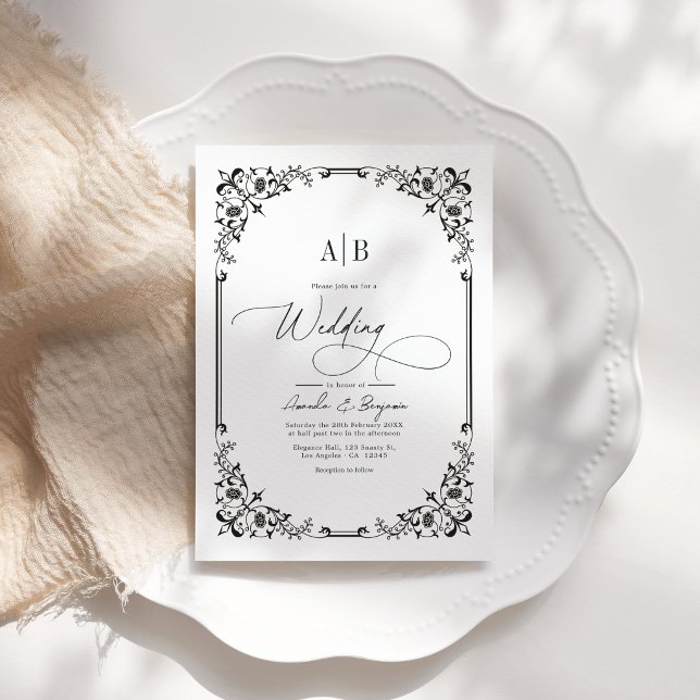 Convite Foto de casamento preto e branco com código QR e m (Monogram Black and White Wedding Photo and QR Code Invitation)