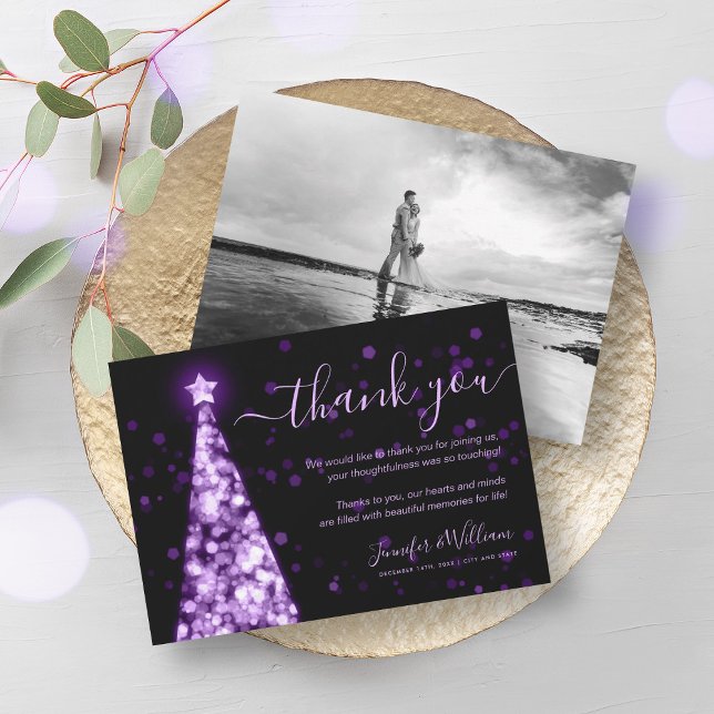 Convite Foto de Casamento Roxo da Árvore Festiva Obrigado (Festive Tree Purple Wedding Photo Thank You Invitation)