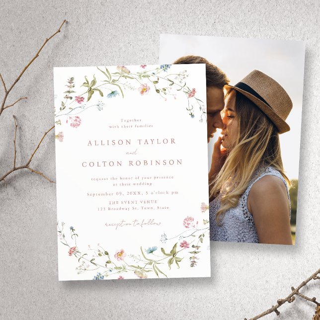 Convite Foto de Casamento Rustic Boho, Flor Selvagem Rosa  (Elegant Pink Wildflower Rustic Boho Wedding Photo Invitation)
