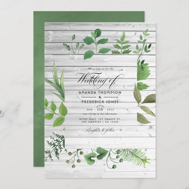 Convite Foto de Casamento Rustic Country Barn Greenery (Frente/Verso)
