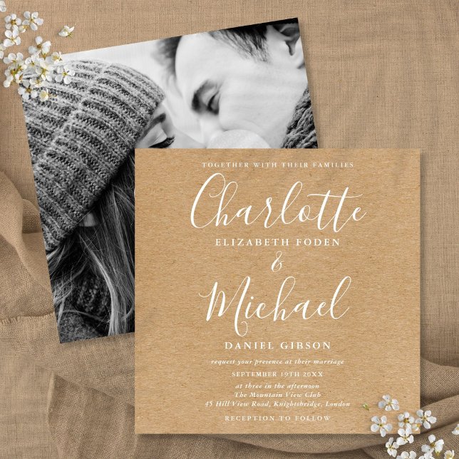Convite Foto De Casamento Rustic Kraft, Assinatura Elegant (Elegant Signature Rustic Kraft Wedding Photo Invitation)