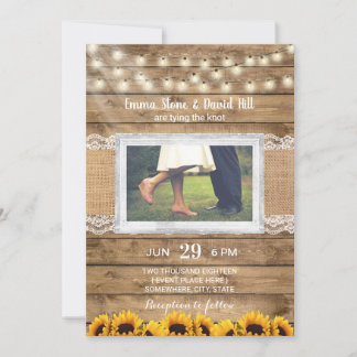 Convite Foto de Casamento Rustic String Lights & Sunflower