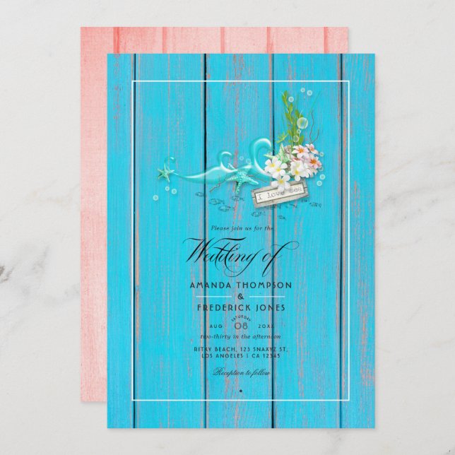 Convite Foto de Casamento Rustic Turquoise and Coral Beach (Frente/Verso)