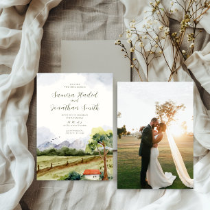 Convite Foto de Casamento Rustic Watercolor Mountain
