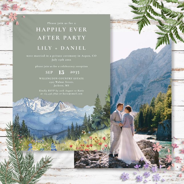 Convite Foto de casamento Sage da Montanha Felizes para Se (Happily Ever After Mountain Sage Wedding Photo Invitation)