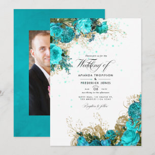Convite Foto de casamento shabby vintage em turquesa e dou