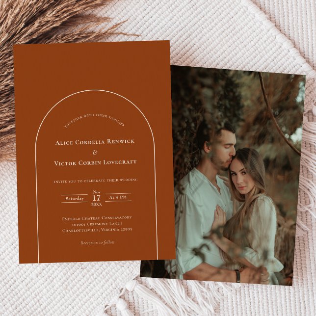 Convite Foto de Casamento Simples Boho Arch Terracotta (Criador carregado)