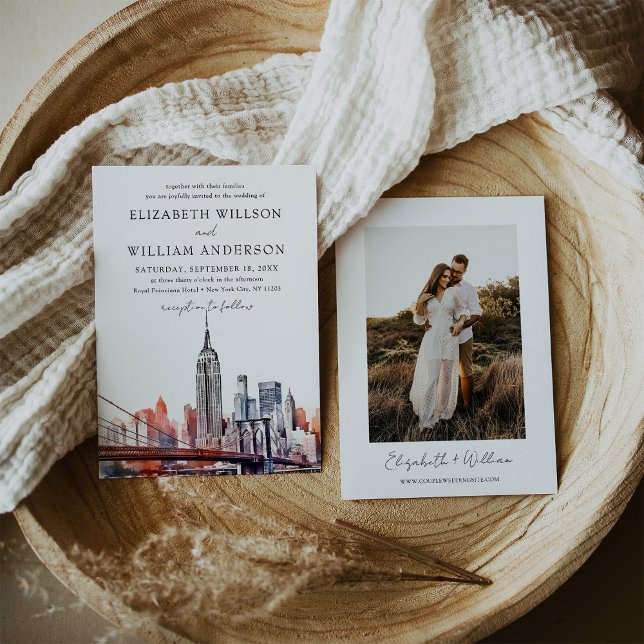 Convite Foto de Casamento Skyline Nova Iorque da Watercolo (Watercolor New York City Skyline Wedding Photo Invitation)