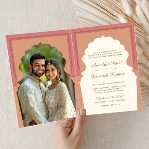 Convite Foto de casamento tradicional indiano Cream Pink A