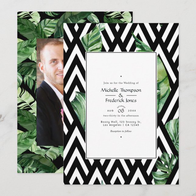 Convite Foto de Casamento Tropical Chevron Moderno (Frente/Verso)