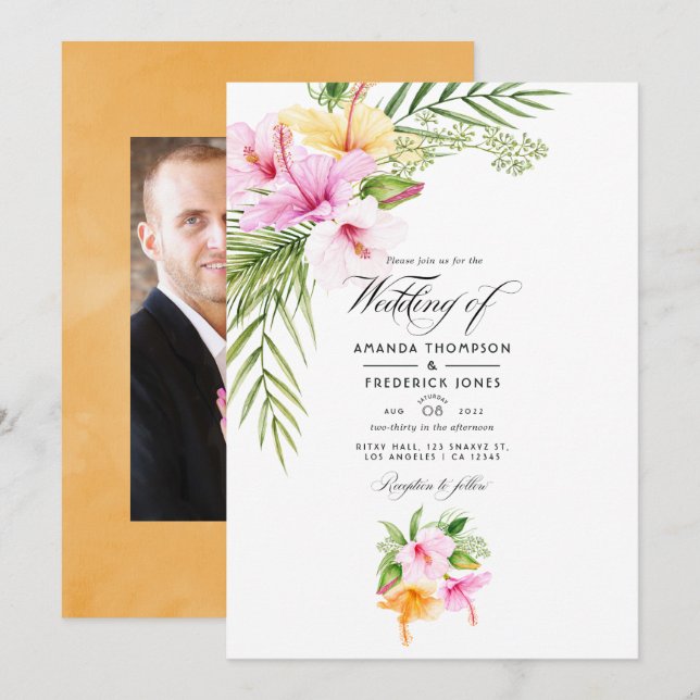 Convite Foto de Casamento Tropical Floral na Praia (Frente/Verso)