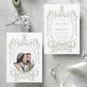 Convite Foto de casamento verde do Classic Floral Frame Sa