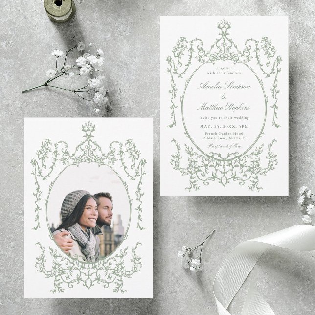 Convite Foto de casamento verde do Classic Floral Frame Sa (Front & Back)