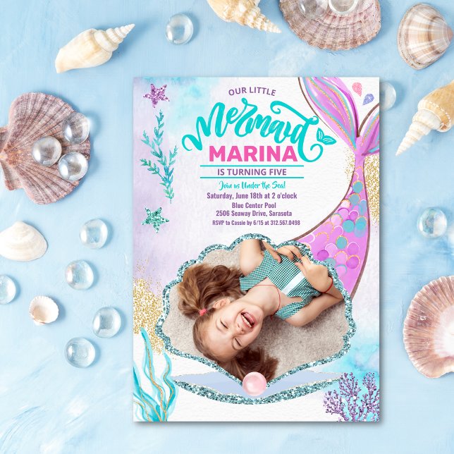 Convite Foto de Cauda de Sereia Sob o Mar Aniversário (Criador carregado)