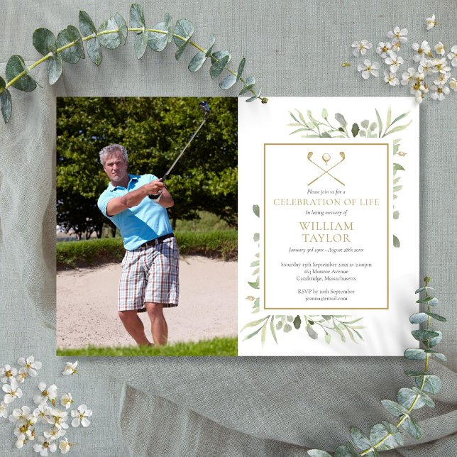 Convite Foto de Celebração da Vida com Verde do Golfista (Golfer Greenery Celebration of Life Photo Invitation)